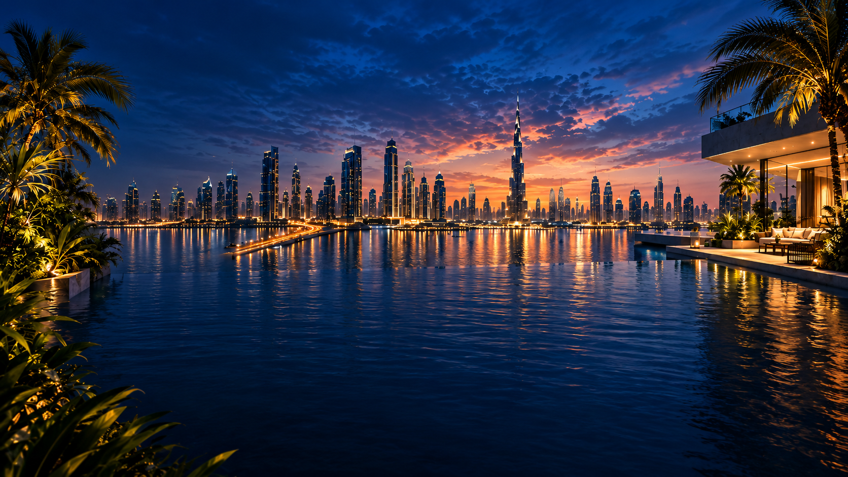 Dubai skyline and the Burj Khalifa glowing at dusk across calm water, seen from a lit waterfront residence